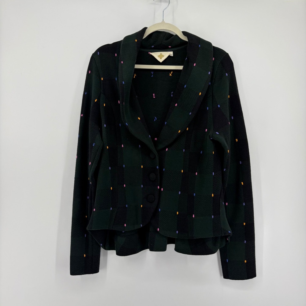 HWR Anthropologie Womens Large Green Plaid Cardigan Peplum Shawl Collar Sweater